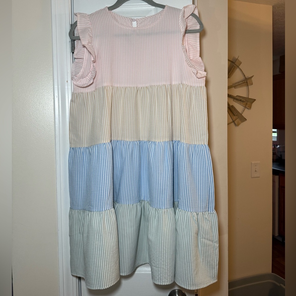 Grawell Women’s Pastel Stripes Color-block Summer Flowy Dress- Size Medium